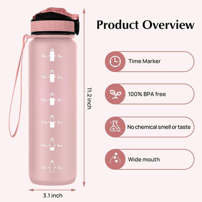 EYQ 1L Sportwasserflasche mit Zeitmarker BPA-frei in Rosa