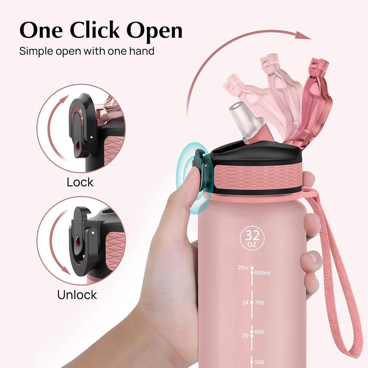 EYQ Trinkflasche 1L Sport mit Stroh Zeitmarker BPA-frei Rosa