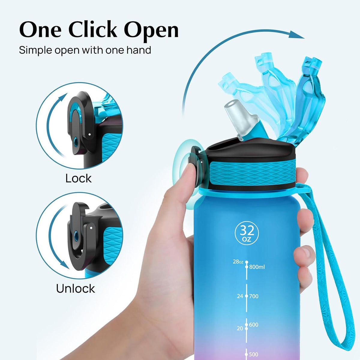 EYQ 1L Trinkflasche Sportwasserflasche mit Strohhalm BPA Free Zeitmarker Outdoor Fitness Schule Blauviolett