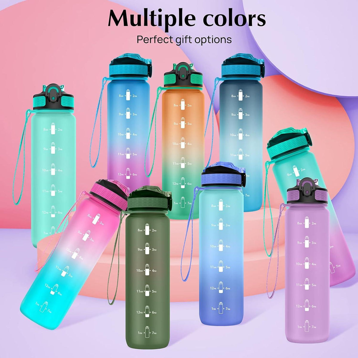 Trinkflasche 1L Sportwasserflasche mit Stroh Zeitmarker BPA-Free