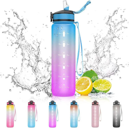 EYQ 1L Trinkflasche Sportwasserflasche mit Strohhalm BPA Free Zeitmarker Outdoor Fitness Schule Blauviolett
