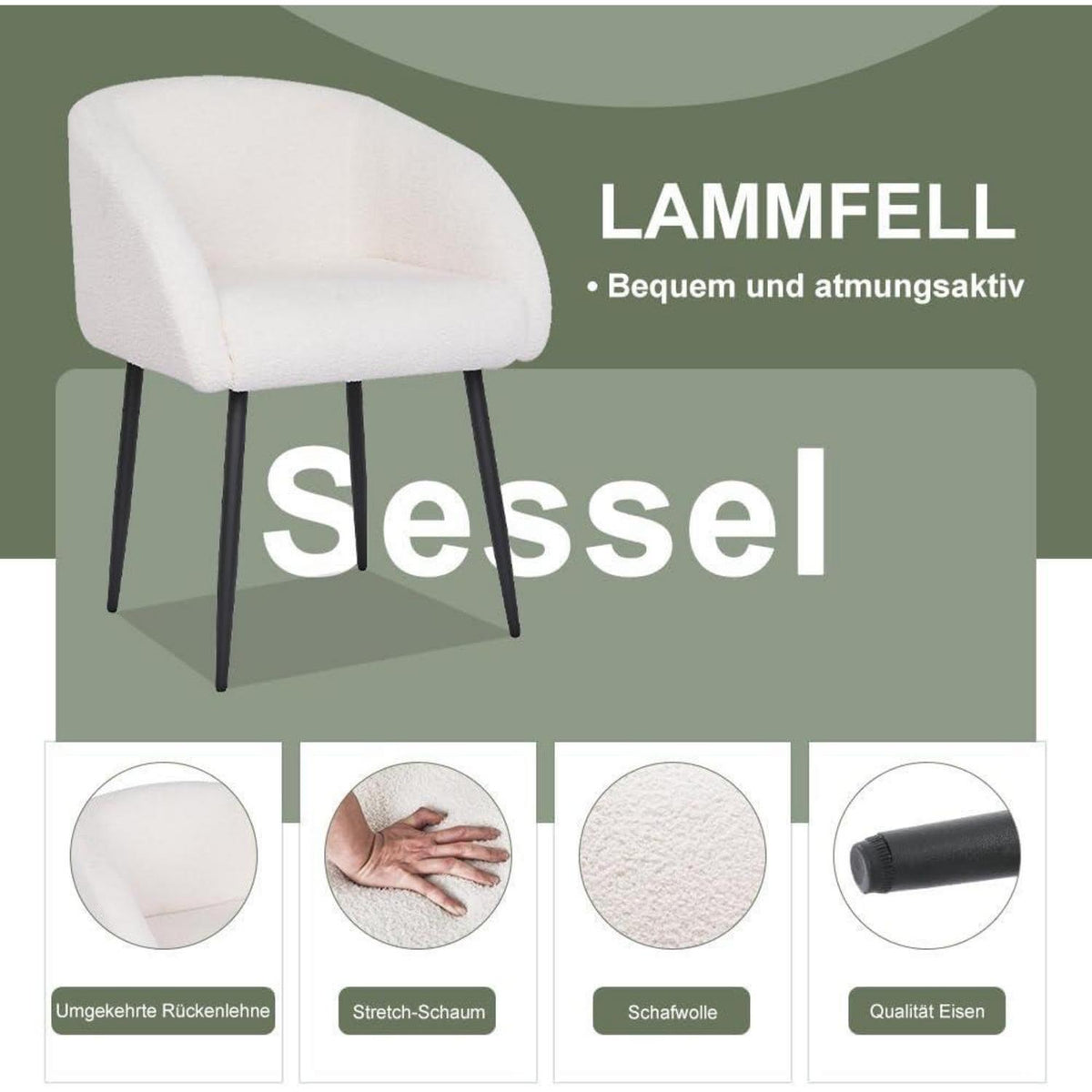 Lammwoll Sessel Lounge Modern Schwarz Metallbeine