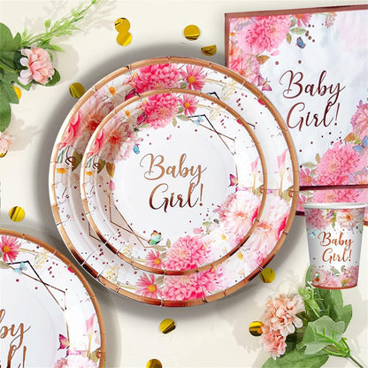 Babyparty Deko Set 24 Gäste Rosa Gold Pappteller Becher Servietten