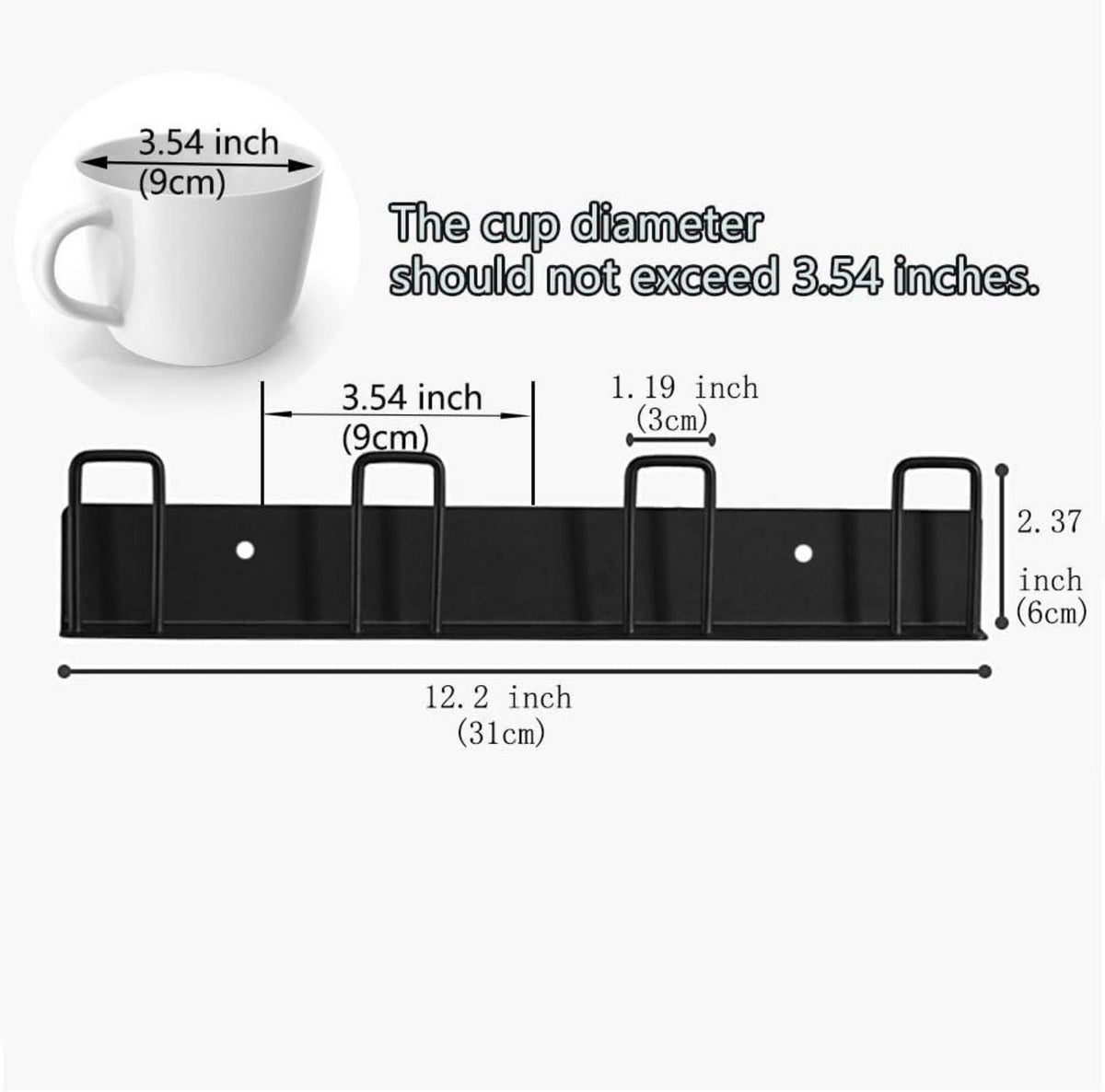 Wand-Tassenhalter 2er Set Schwarz - Becherhaken mit 4 Haltern