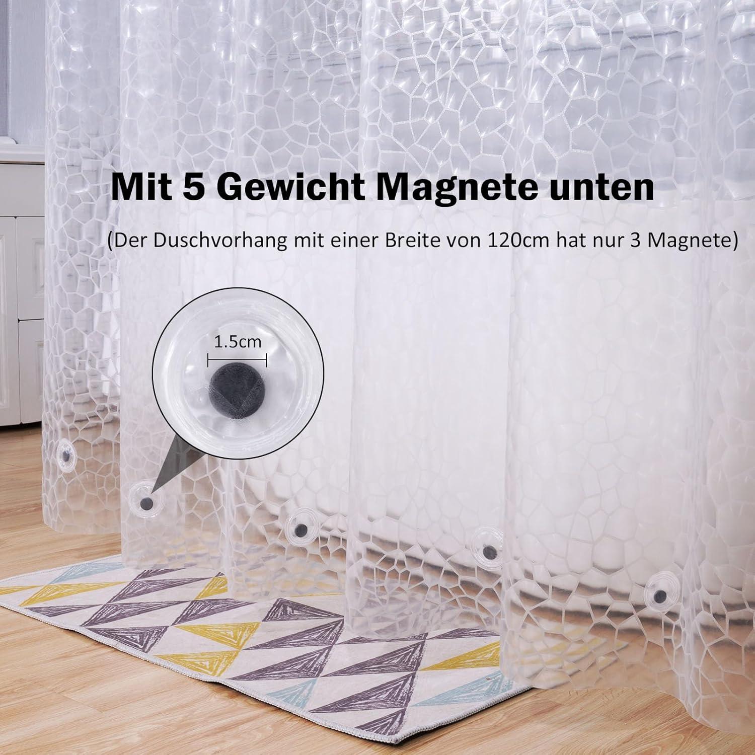 Duschvorhang 180x220cm Transparent mit Magneten, Antischimmel
