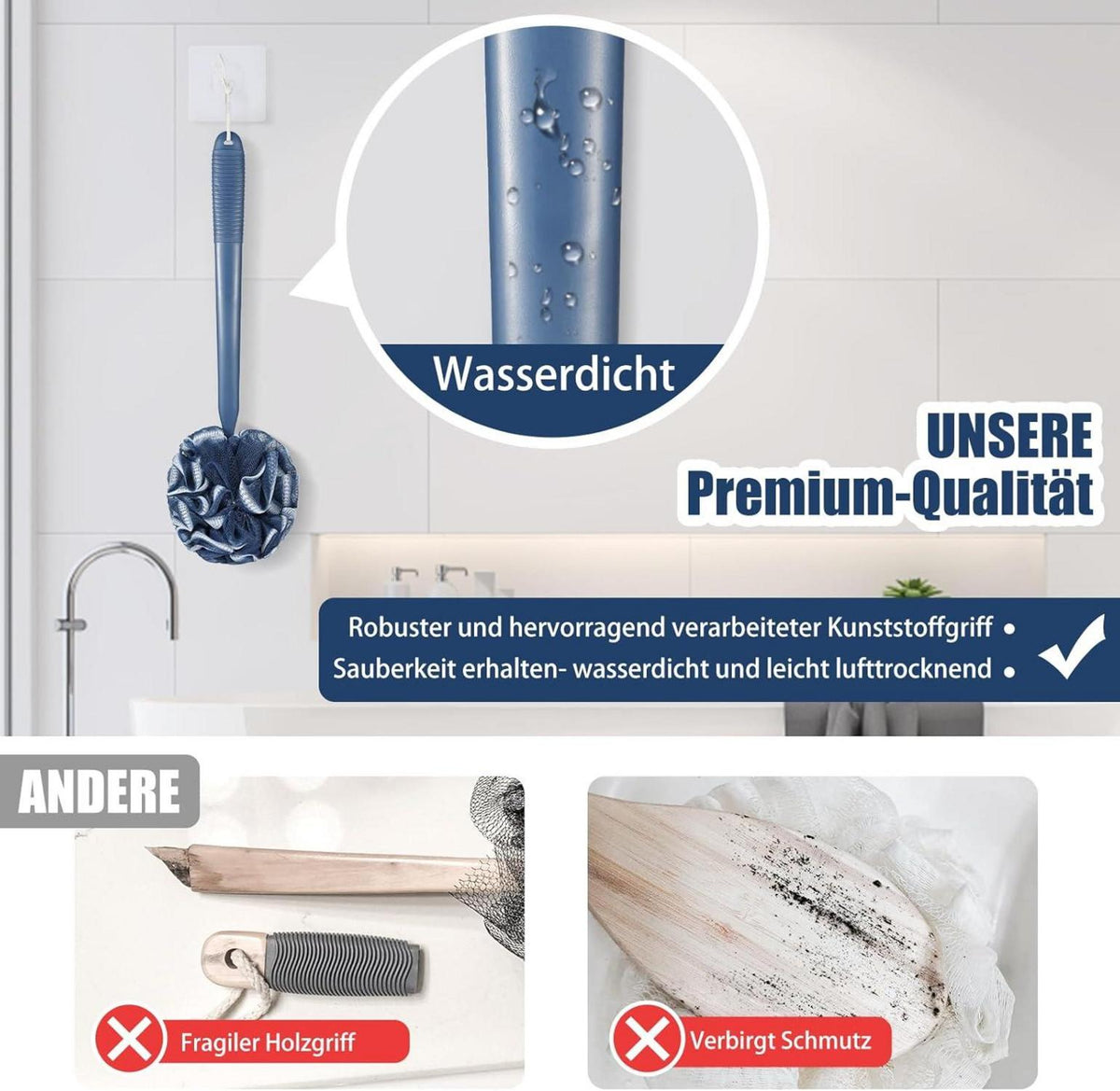 Badeschwamm Set mit Peeling Schwamm und Rückenbürste - Blau