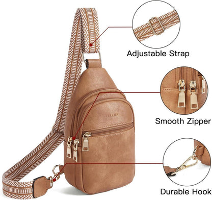 Telena Damen Bauchtasche Sling Rucksack Crossbody Bag Kunstleder Hellbraun