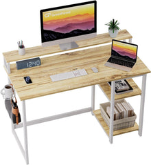 Schreibtisch Holz 120x55 cm mit Regal Monitorständer Eiche Beige