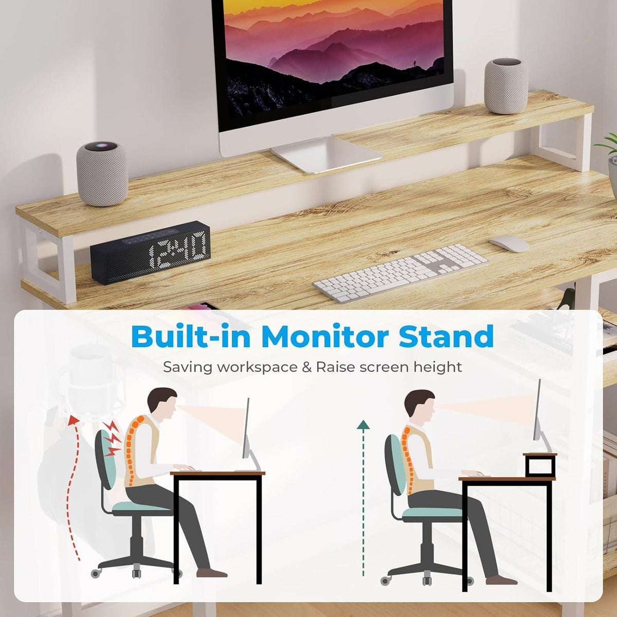 Kleiner Schreibtisch Holz Eiche mit Regal und Monitorständer Beige