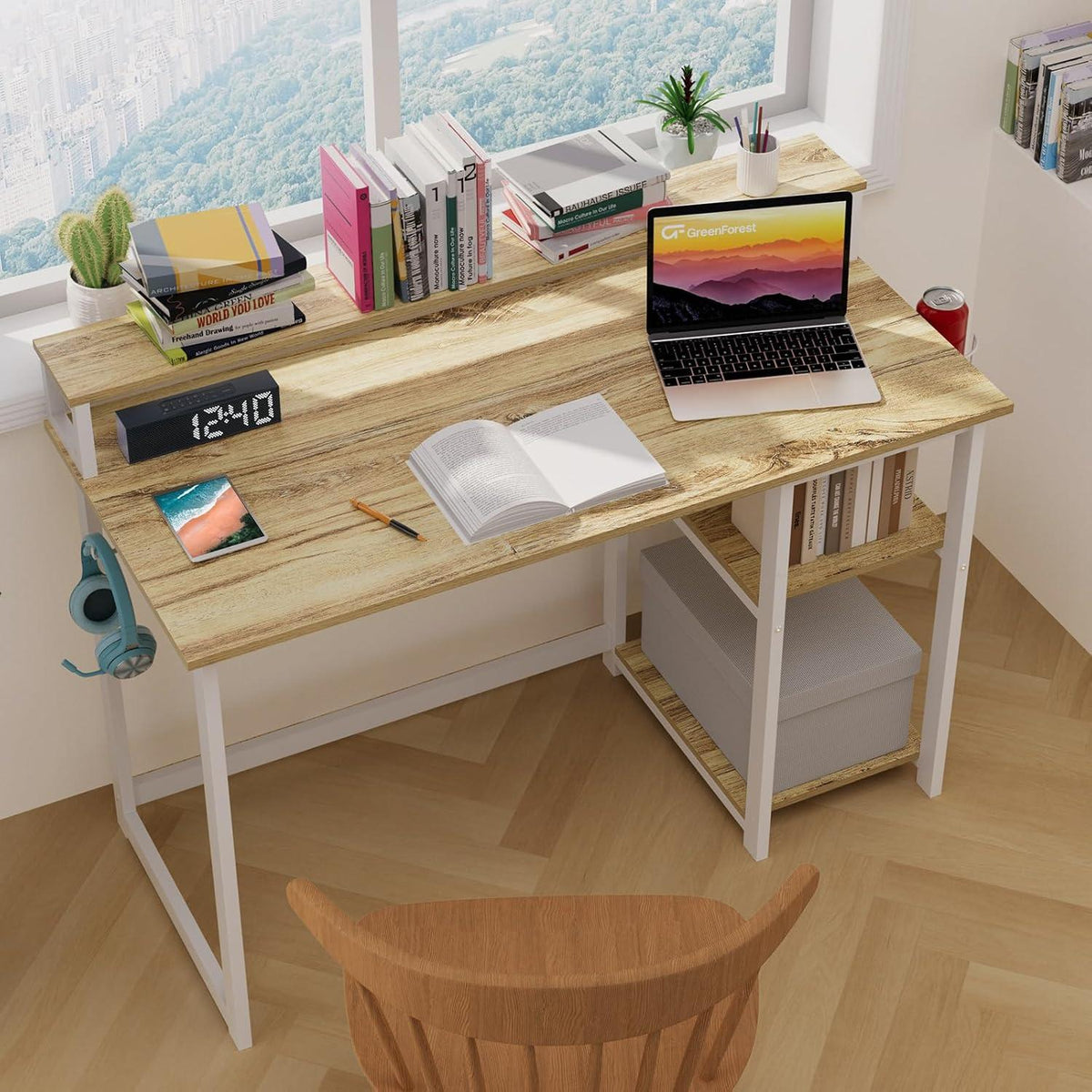 Holz Schreibtisch 120x55 cm mit Regal Monitorständer Computertisch Eiche