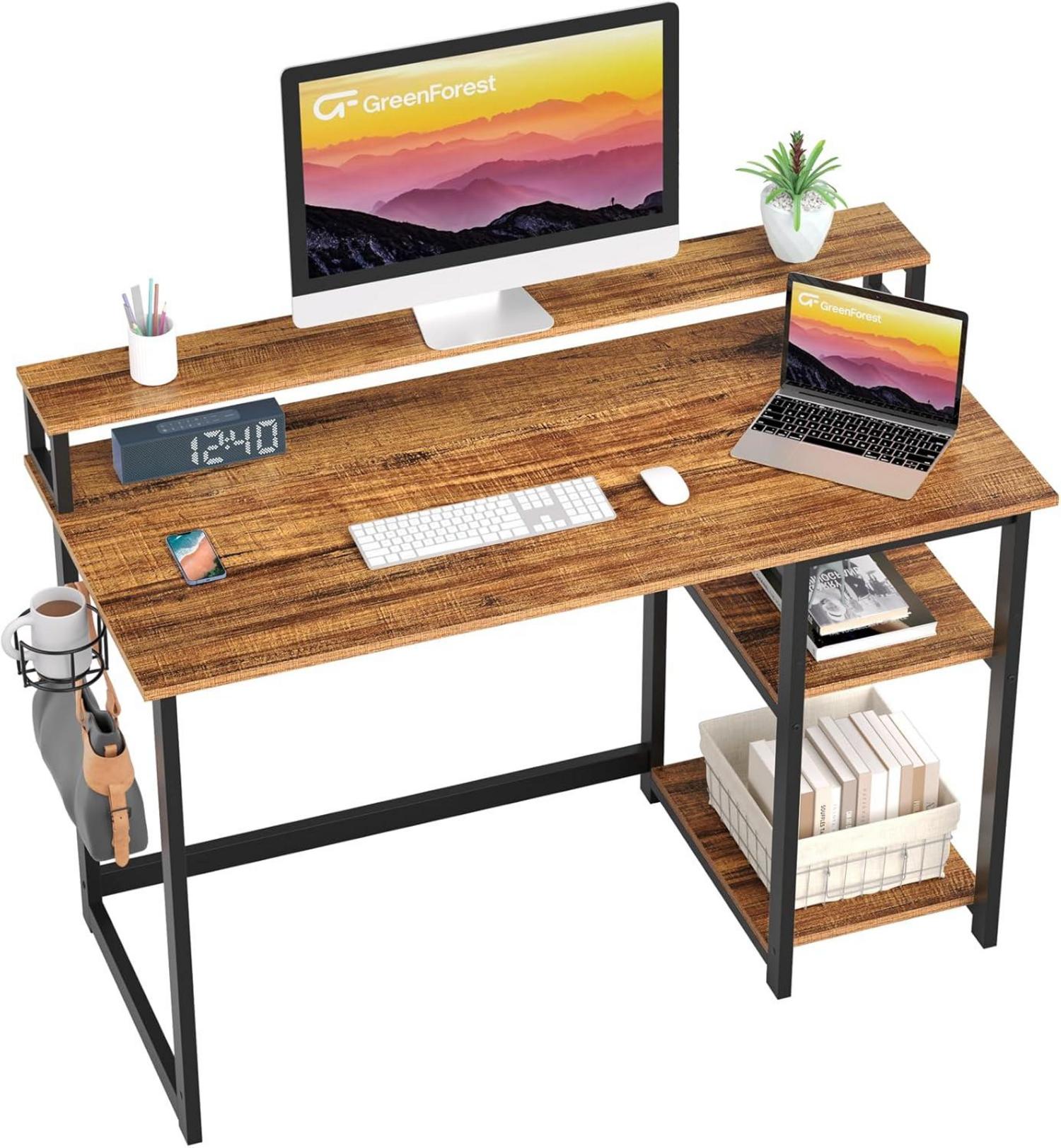 Schreibtisch mit Regal und Monitorständer, Braun