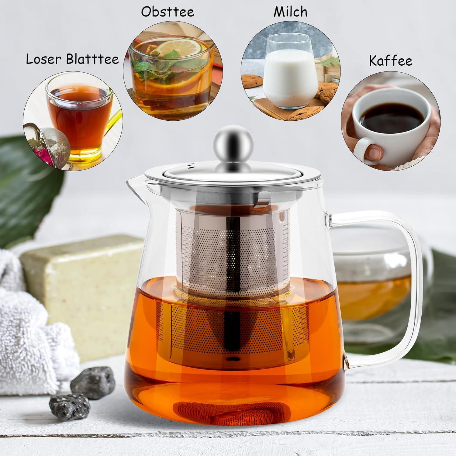 Teekanne Glas 450ml mit Edelstahl Teefilter und Belüftungsöffnungen
