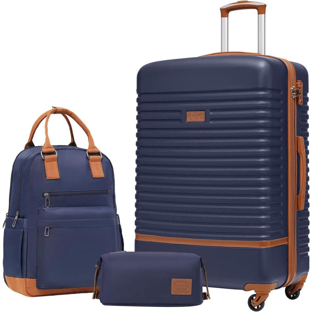 Reisekoffer Set 3tlg. mit Rucksack & Kulturbeutel, Blau/Braun