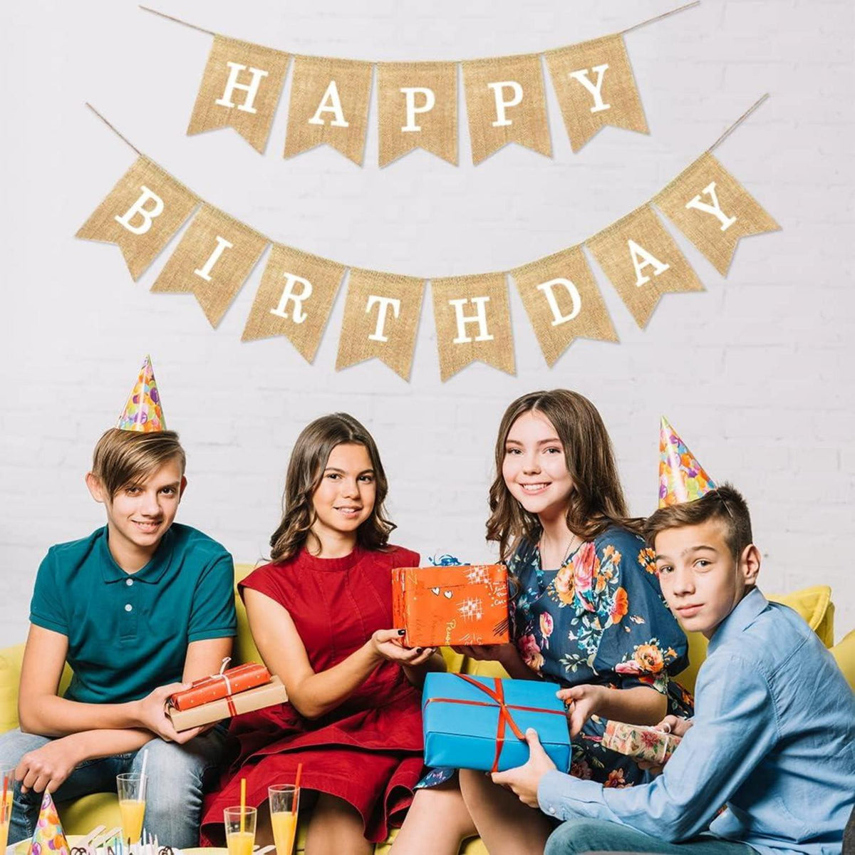 Happy Birthday Leinen Wimpelkette Vintage Party DIY Deko Baumwoll-Sackleinen
