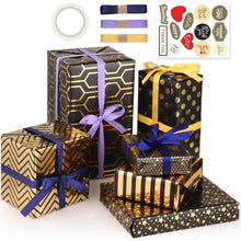 Geschenkpapier Set Schwarz Gold 6 Blätter mit Band & Aufkleber