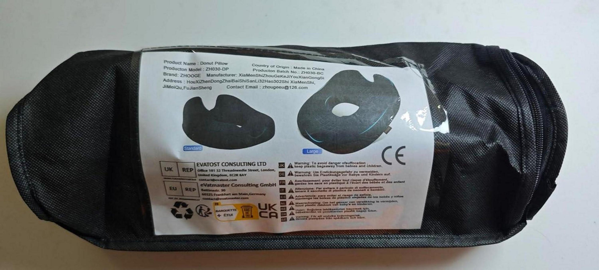 ZHOOGE Orthopädisches Donut Sitzkissen für Auto, Büro, Rollstuhl - Schwarz Large