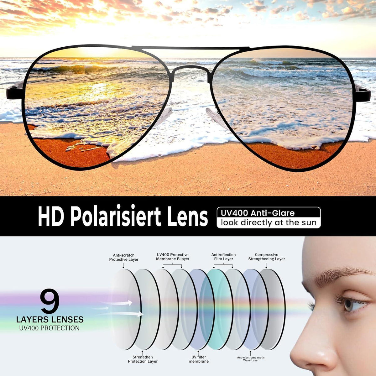 Pilotenbrille polarisiert, UV400 Schutz, Gold / Rosa Verspiegelt