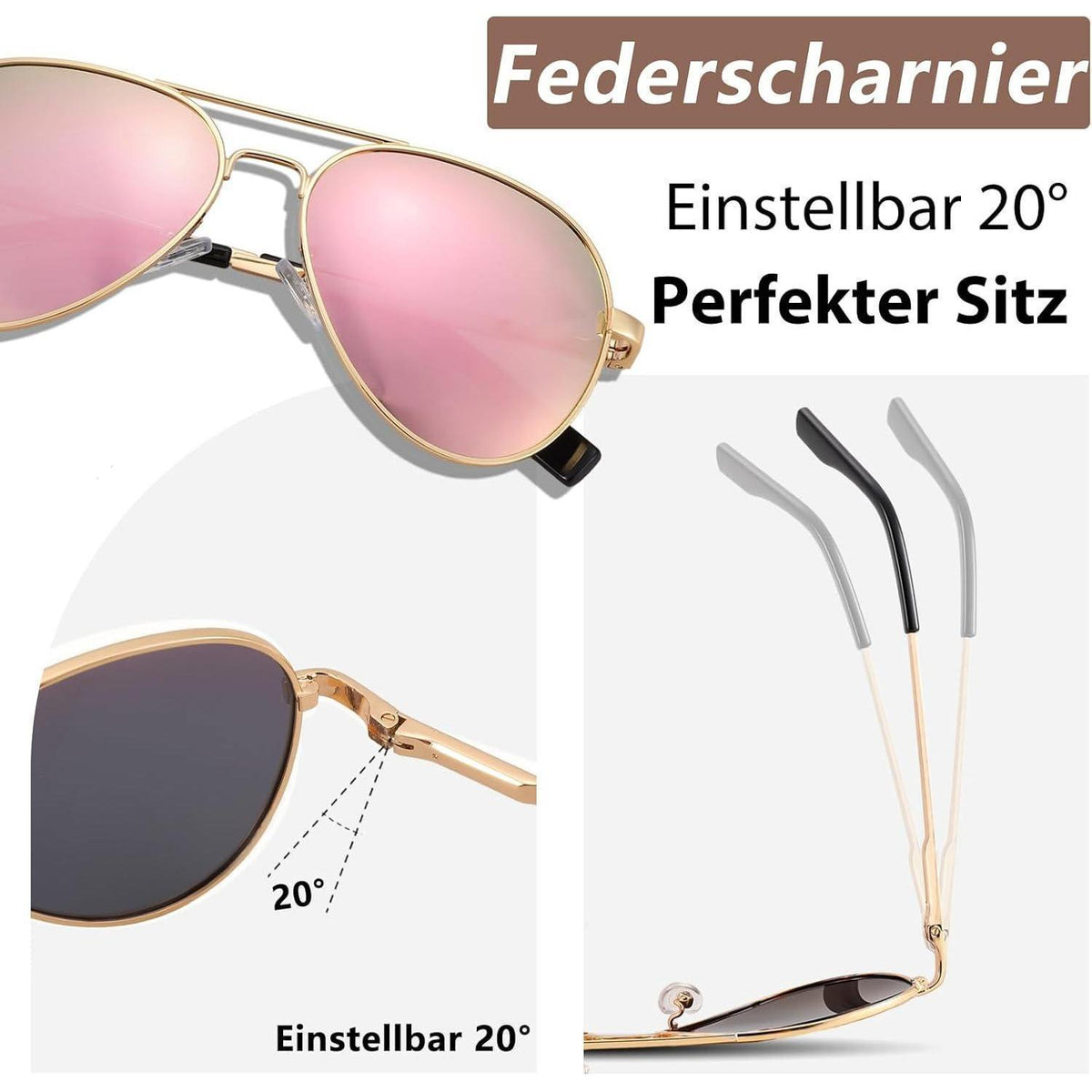 Pilotenbrille polarisiert, UV400 Schutz, Gold / Rosa Verspiegelt