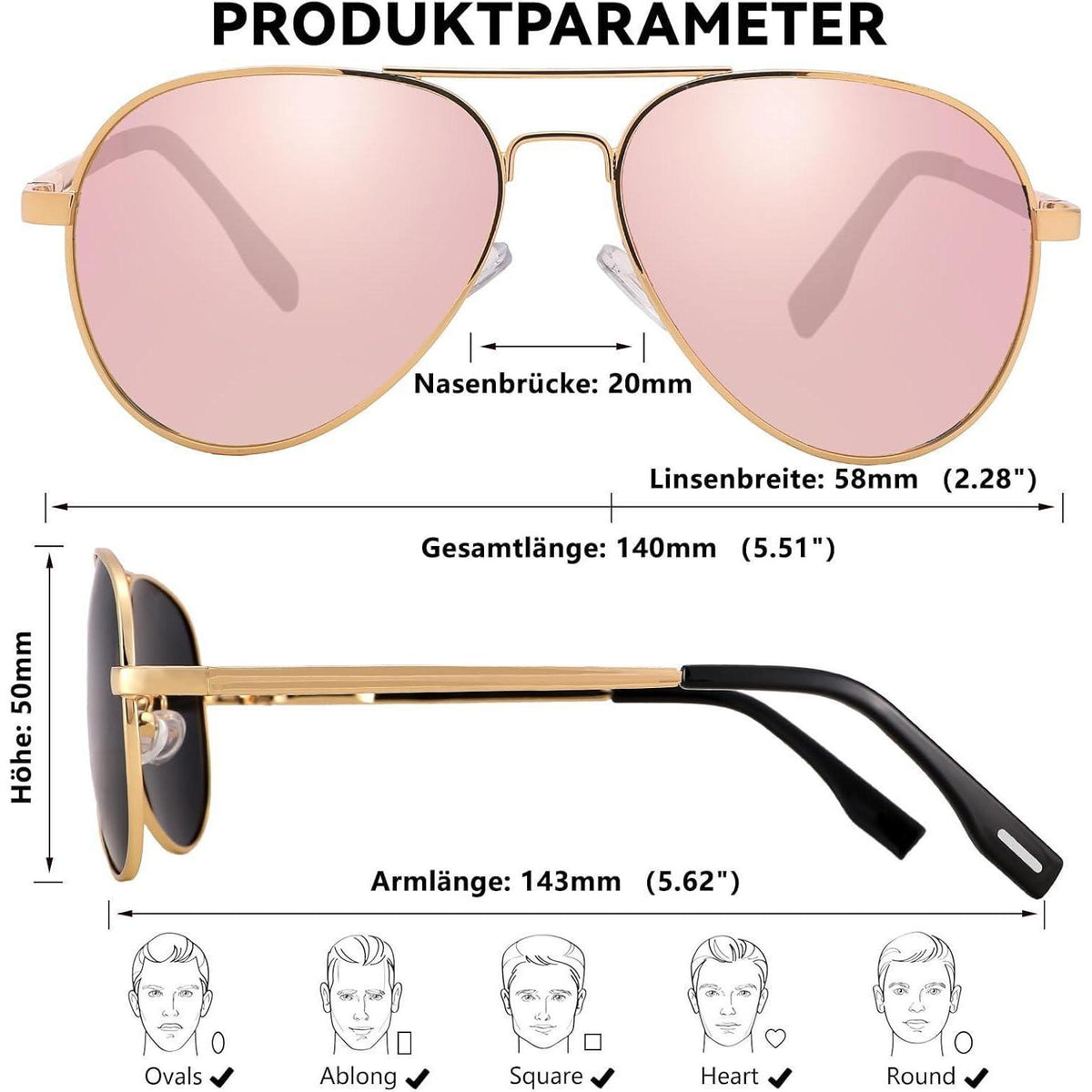 Pilotenbrille polarisiert, UV400 Schutz, Gold / Rosa Verspiegelt