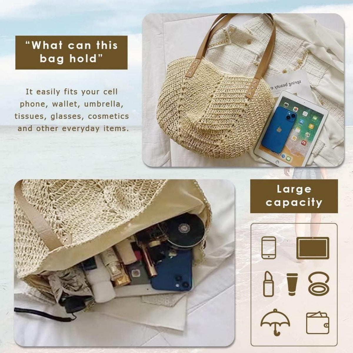 Strohhandschuh Damen Groß Sommer Strandtasche Boho Stil X-beige