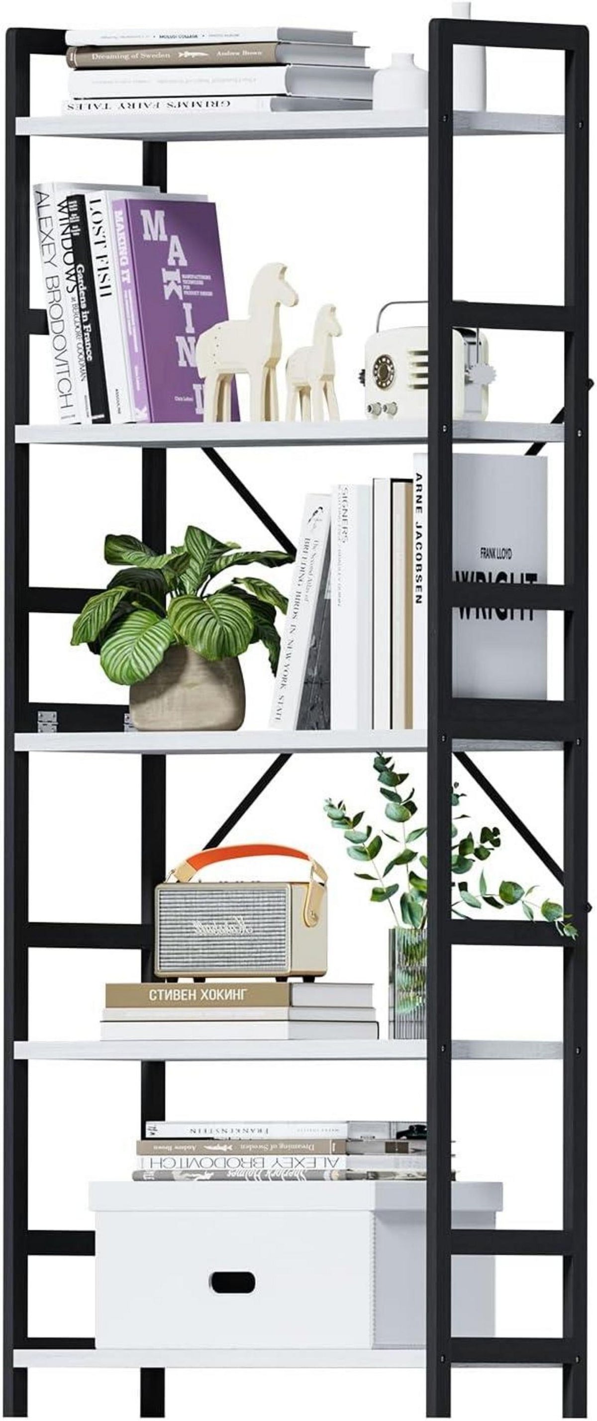 Bücherregal mit 5 Ebenen Holz Industrie-Style Lagerregal Weiß-schwarz