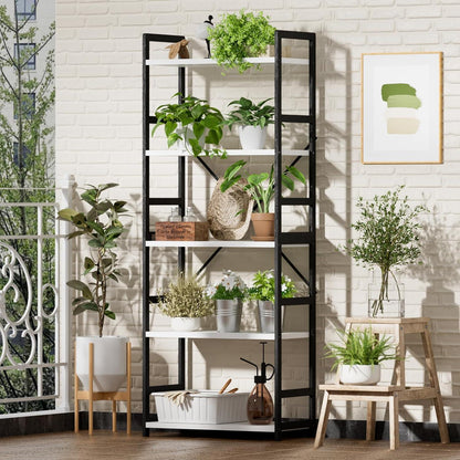 Bücherregal mit 5 Ebenen Holz Industrie-Style Lagerregal Weiß-schwarz