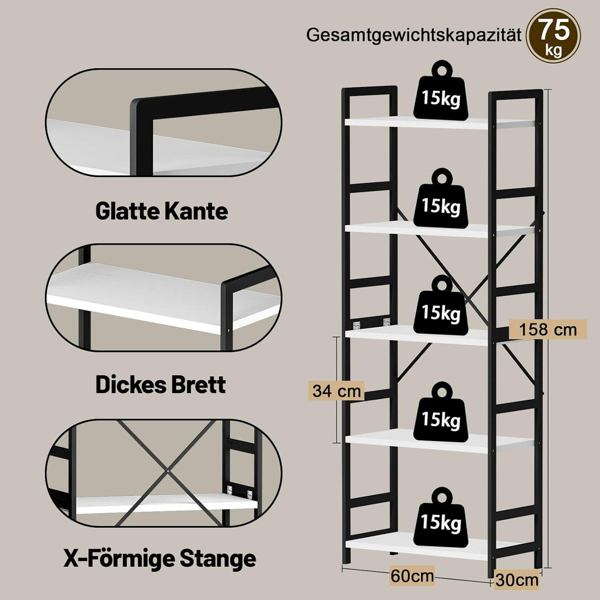 Bücherregal 5 Ebenen Standregal Holz Industrie-Style Lagerregal Büro