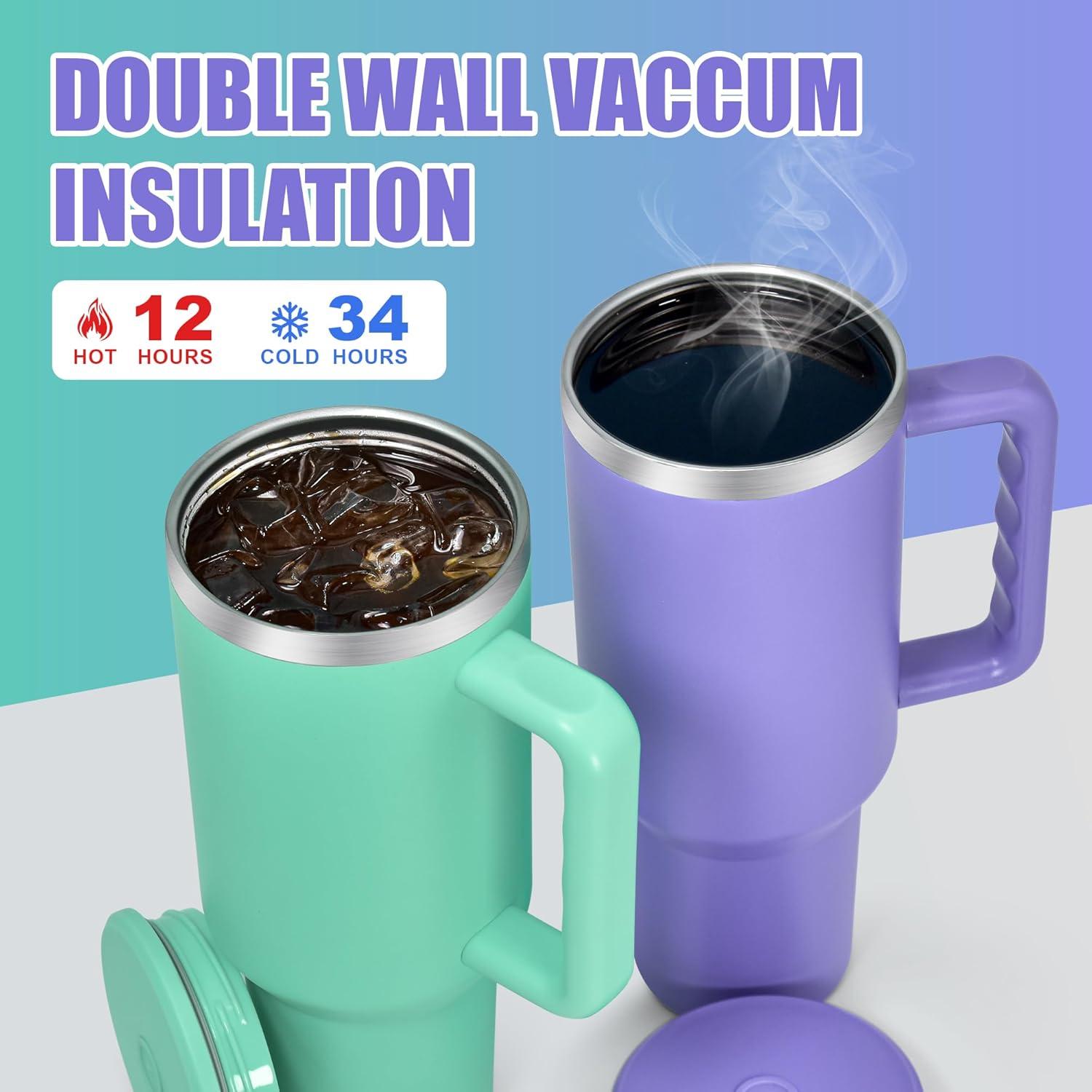 Doppelwandiger Edelstahlbecher 40oz mit Griff und Stroh - Lila