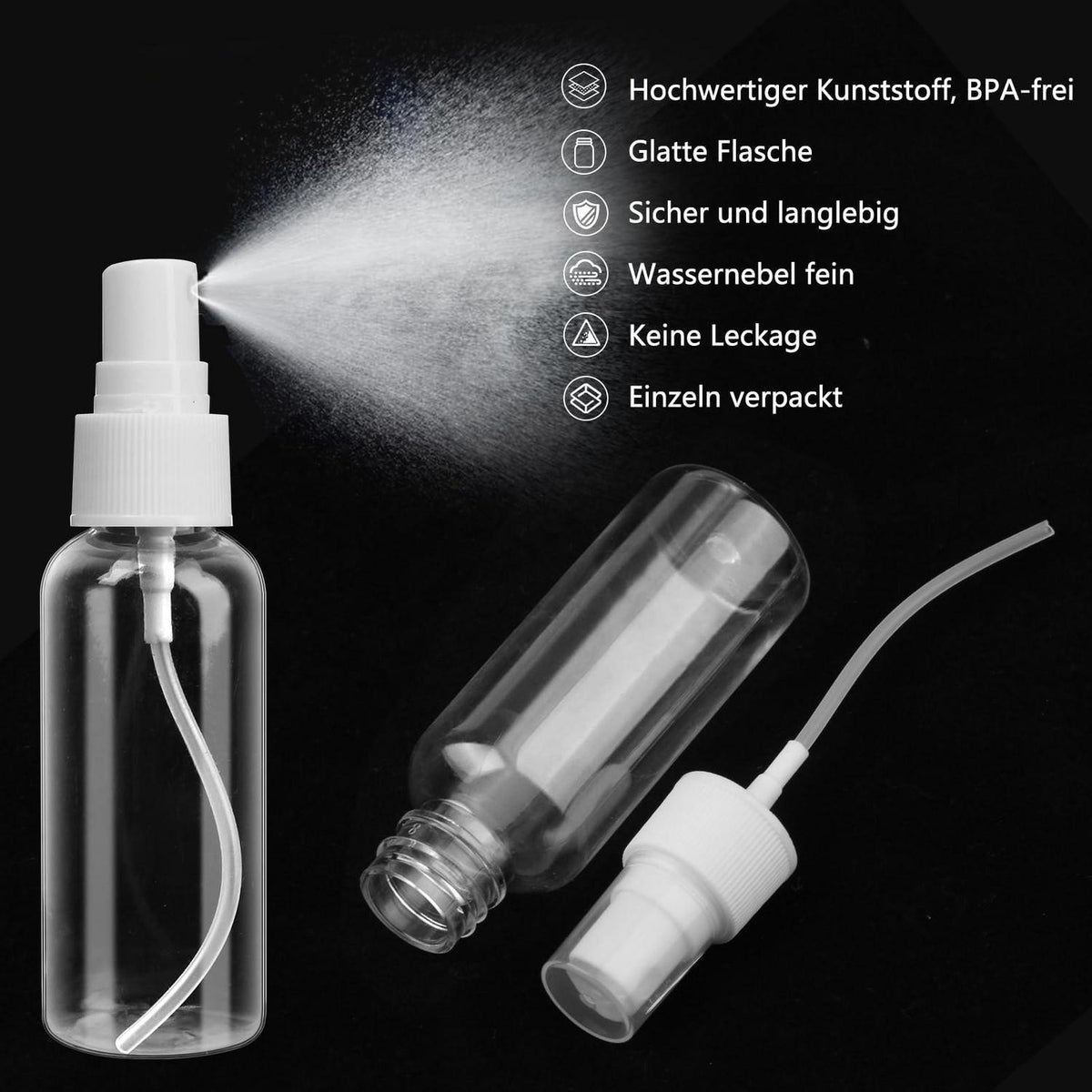 12x 50ml Sprühflaschen leer, transparent, auslaufsicher