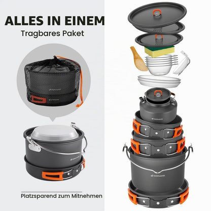 Camping Kochgeschirr Set 16-teilig – Outdoor Topf & Pfannen Set