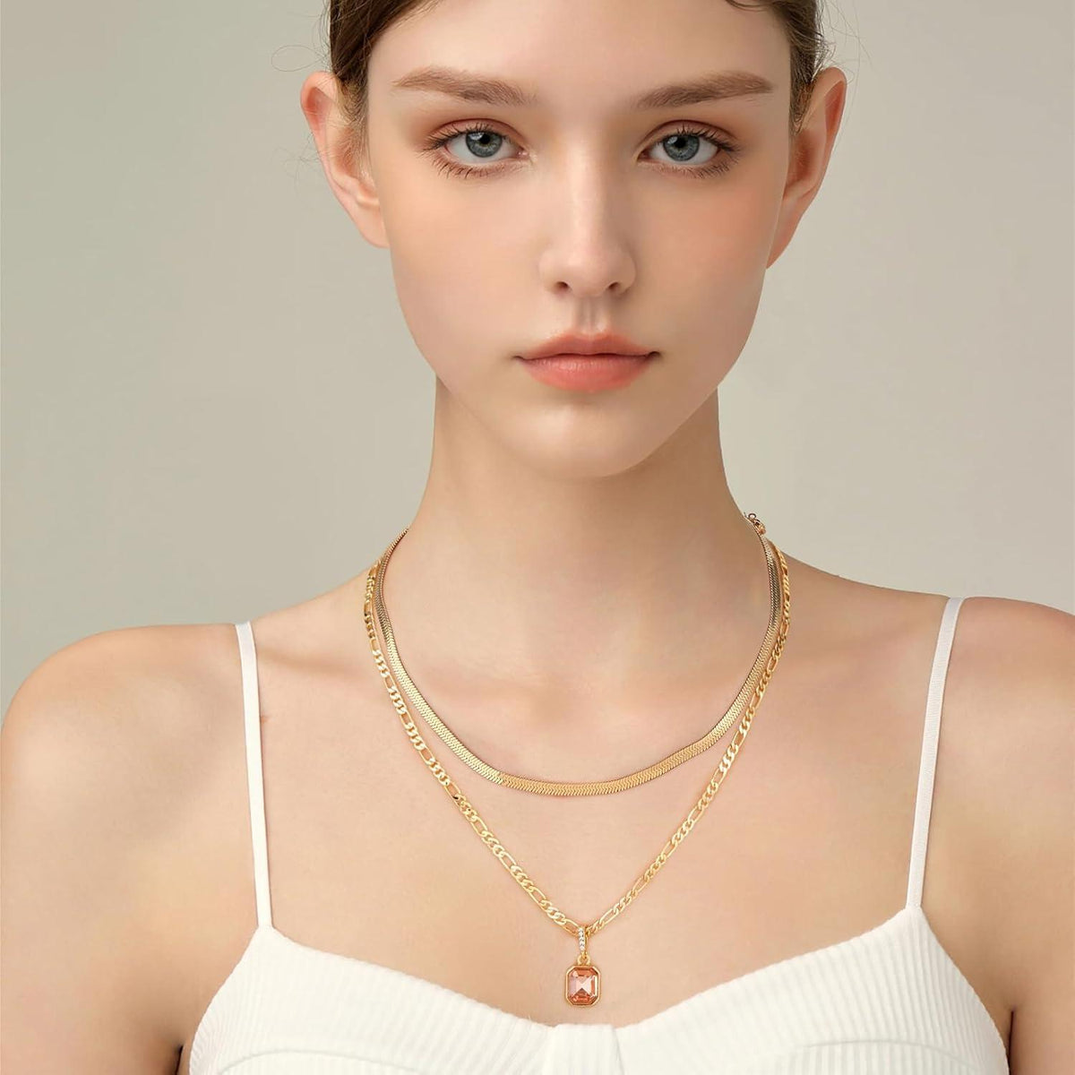 Goldene Kristallanhänger Halskette Set 18K Vergoldet Geschichtet Schlangenkette Figaro Gelb