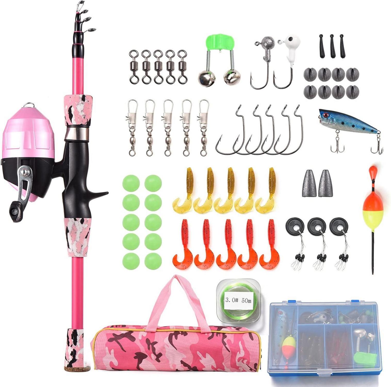 Kinder Angelset Teleskop Rute Rolle Köder 1,5m Pink Tragetasche