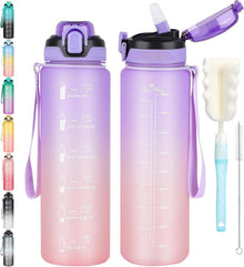 Trinkflasche mit Strohhalm 1l Zeitmarkierung lila/rosa