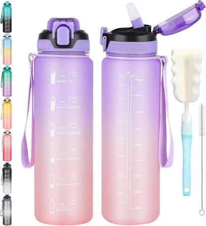 Trinkflasche mit Strohhalm 1l Zeitmarkierung lila/rosa