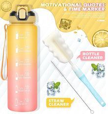 CodiCile Trinkflasche 1l mit Strohhalm Zeitmarkierung Gelb