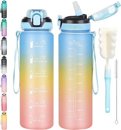 Sport Trinkflasche 1l mit Zeitmarkierung und Strohhalm