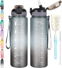 Sport Trinkflasche 1l mit Strohhalm, Zeitmarkierung, grau