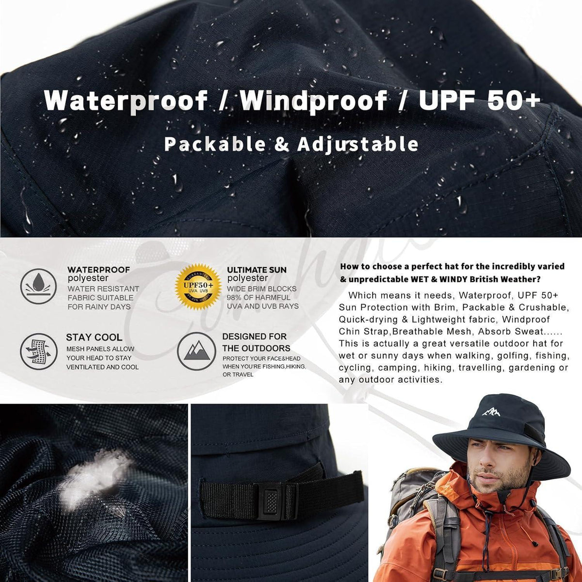 Wasserdichter Bucket Hut – Outdoor, Wandern, Golf, UPF 50+