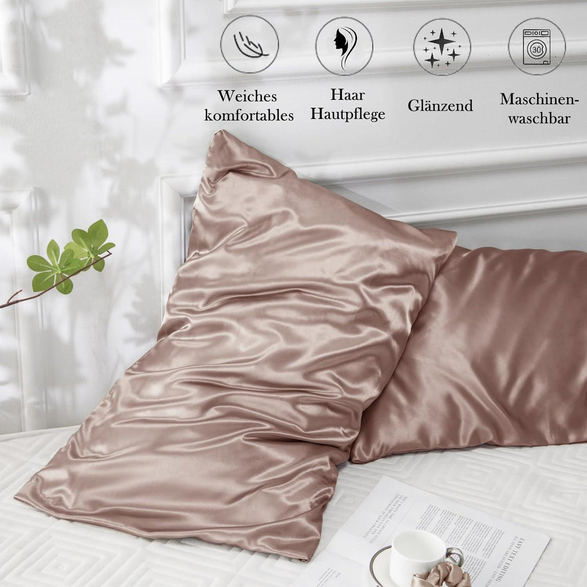 2er Set Satin Kissenbezug 40x60 Braun mit Haargummis Luxuriöse Pflege