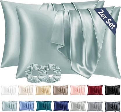 2er Set Satin Kissenbezug 50x80 Grün Haargummis Silky Soft
