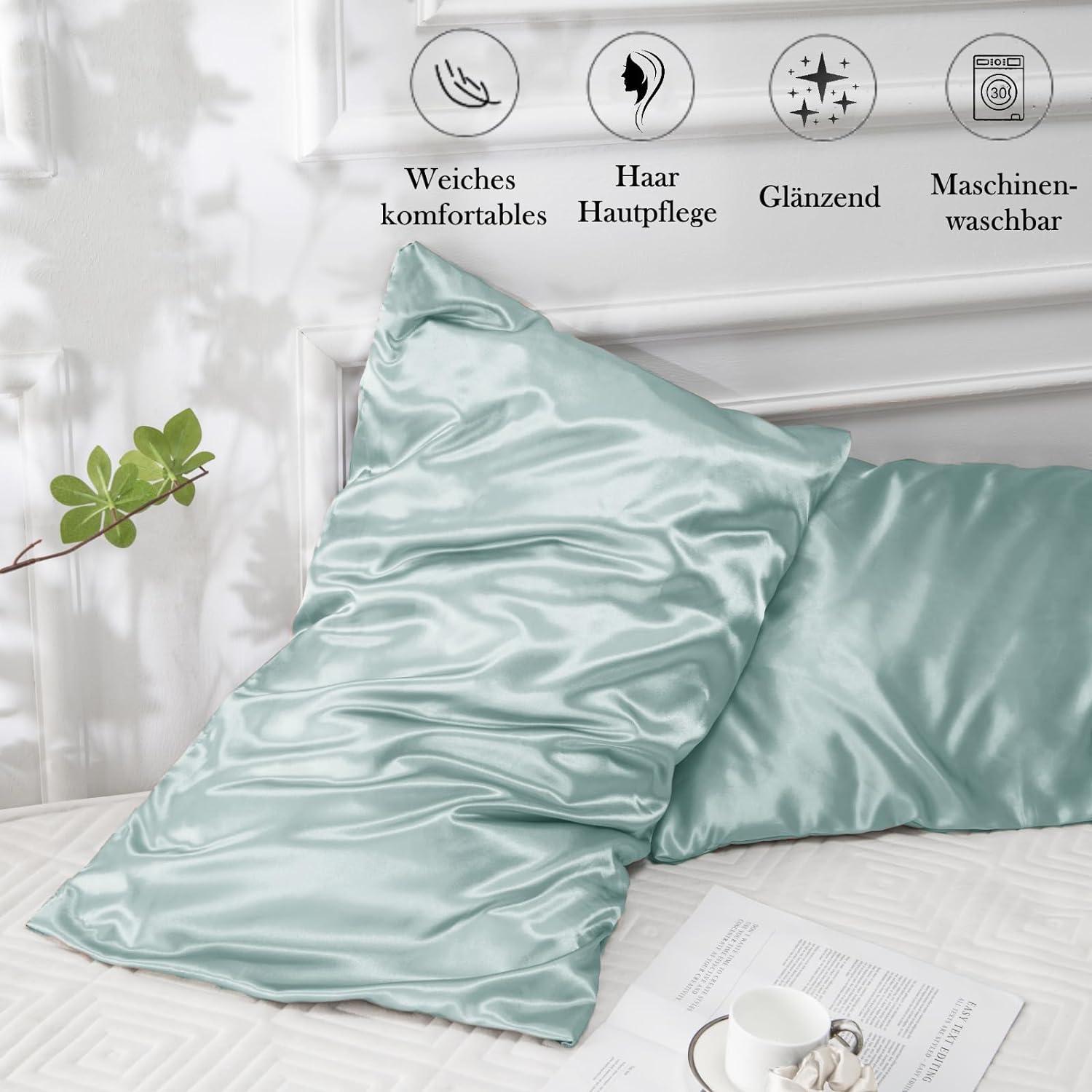 Satin Kissenbezug 50x80 Grün für Haar und Haut, 2er Set mit Haargummis