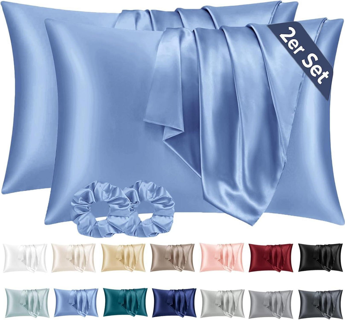 Satin Kissenbezug 40x60 Blau mit Haargummis