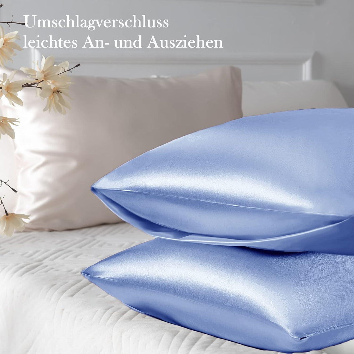 Satin Kissenbezug 40x60 Blau mit Haargummis