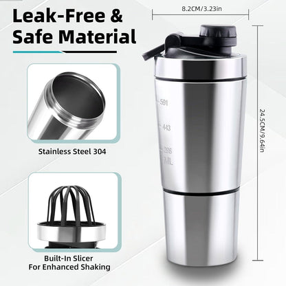 Protein Shaker Edelstahl 700+200ml Pulverfach Kugel Skala