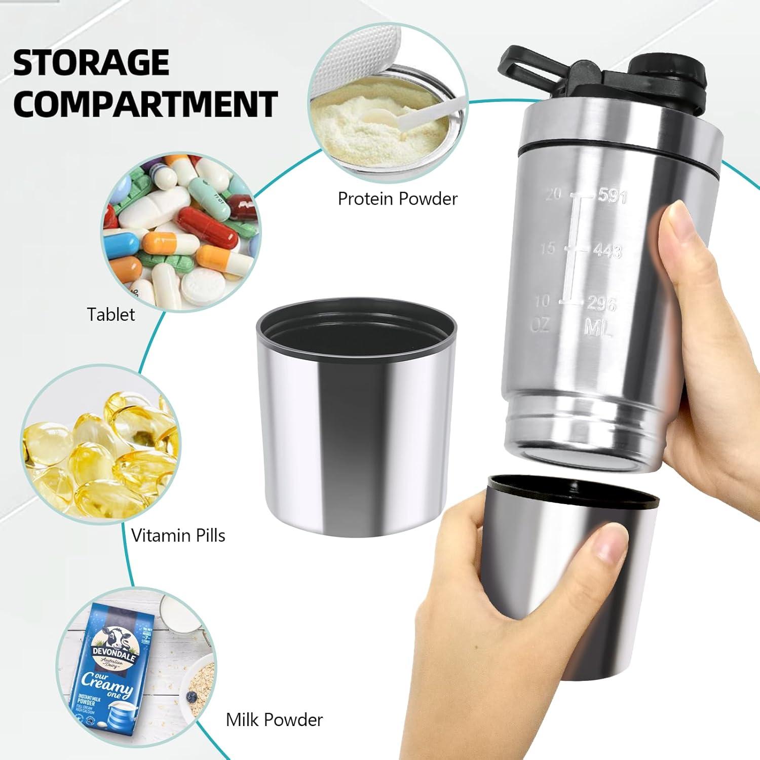 Protein Shaker Edelstahl 700+200ml Eiweiß Becher Pulverfach Kugel Skala
