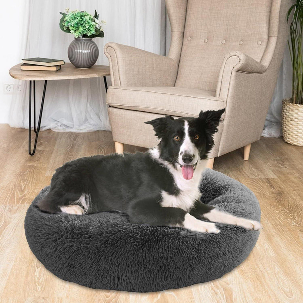 Flauschiges Hundebett Donut – Rundes Kissen 80cm Dunkelgrau