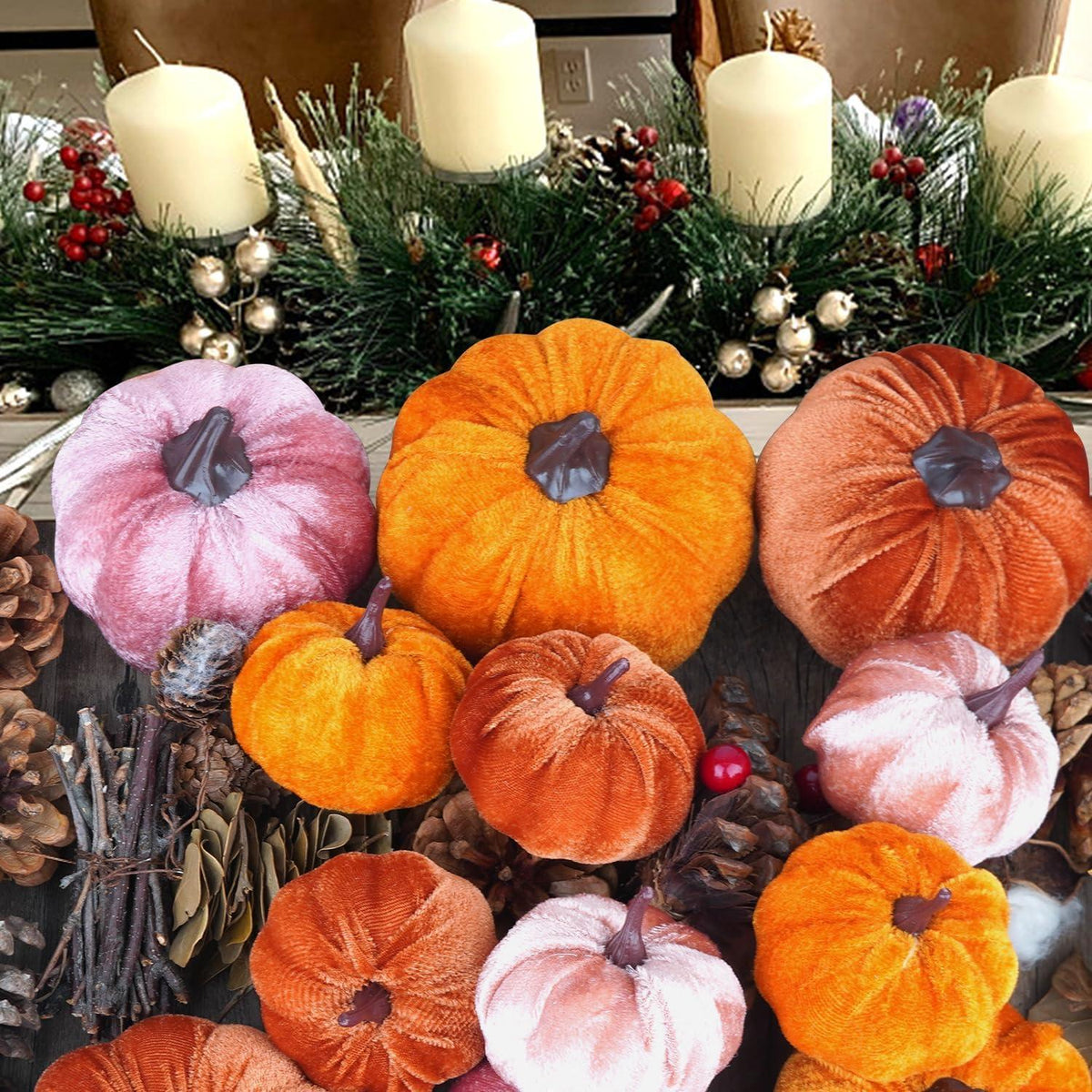 12 Künstliche Kürbisse Herbst Deko Set - 3 Größen & Farben