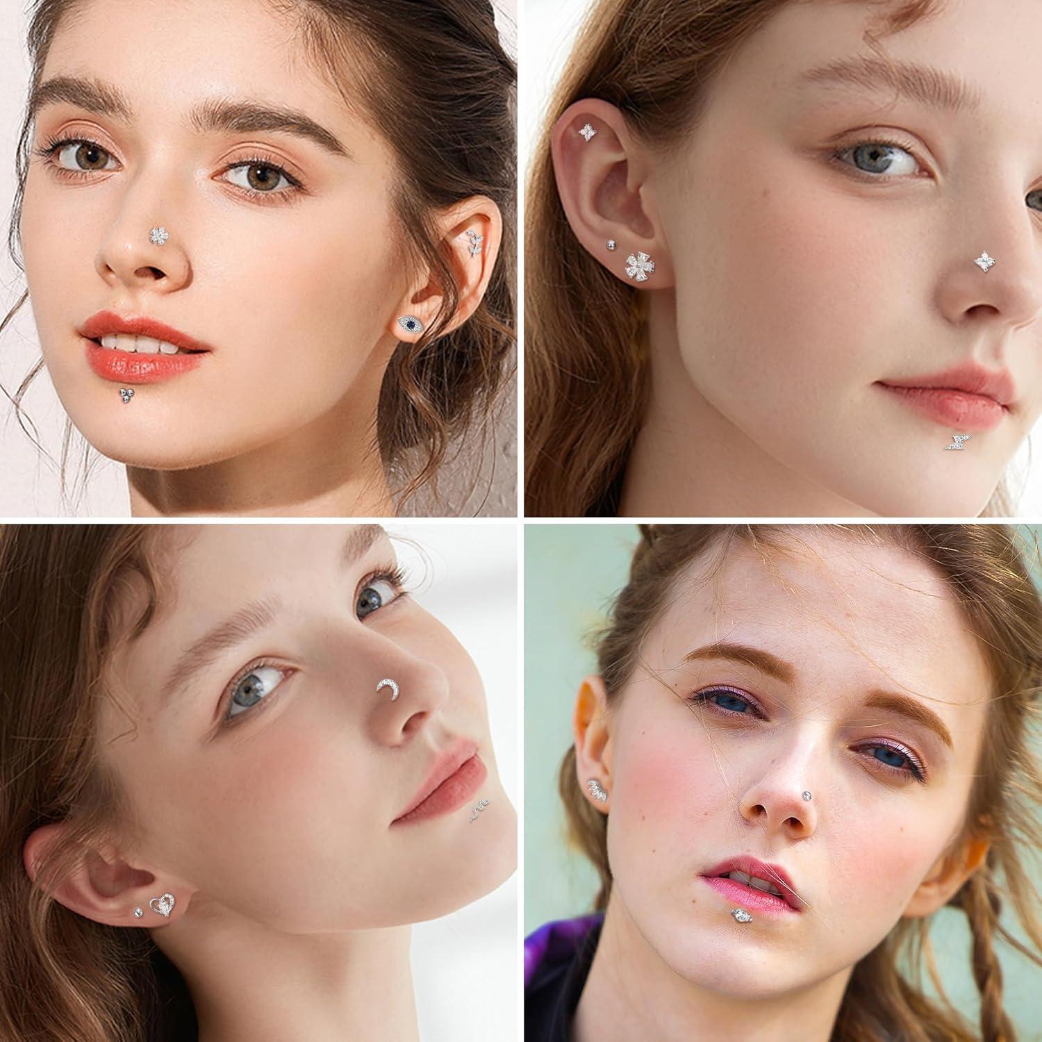 Helix Tragus Piercing Set 16 Stück 16G Chirurgenstahl CZ Mond Herz Blatt Monroe Medusa Labret Nasen Lippen Ohrsilber