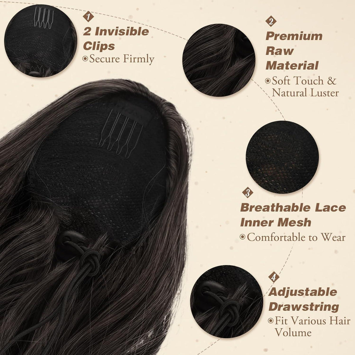Locken Pferdeschwanzverlängerung 40 cm, Synthetisch, Natürliches Schwarz