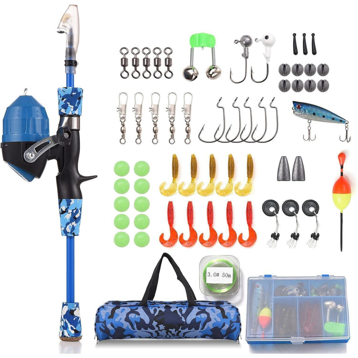 Kinder Angelset Teleskoprute mit Rolle und Ködern 1.5M Blau